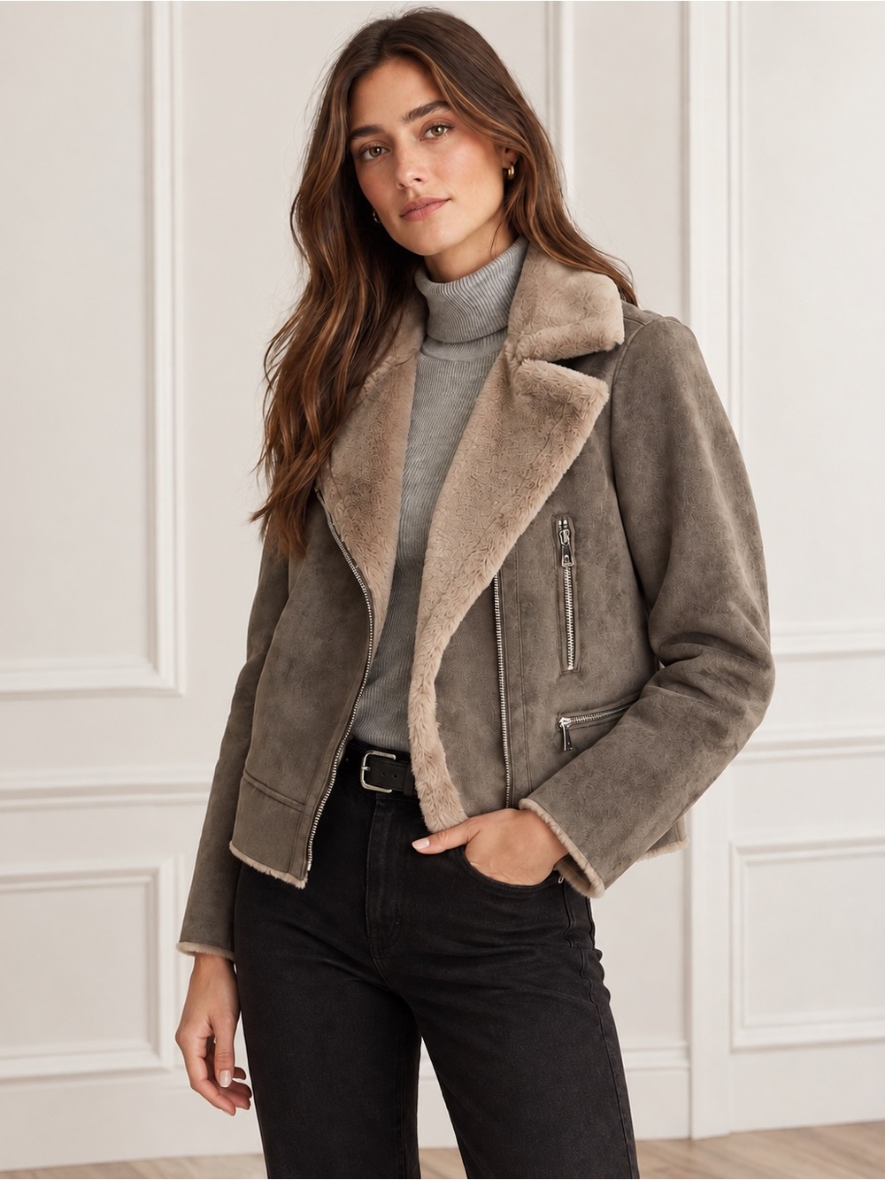 Lauren Ralph Lauren Faux Shearling Moto Jacket Faux Suede XL